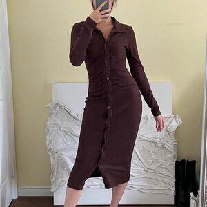 ribbed ruched cardigan maxi dress